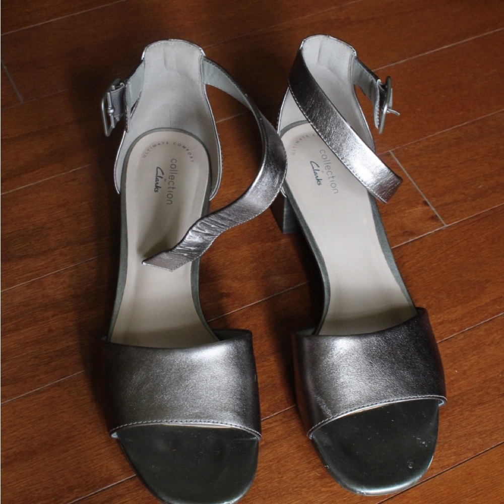 Clarks Silver Heels with Sophisticated Metallic Finish